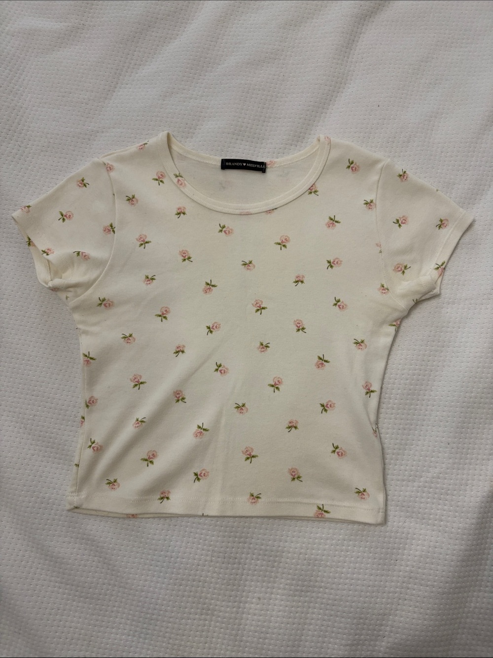 Brandy Melville Cream Tee with Pink Rose Print